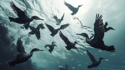 A flock of cormorants diving for fish