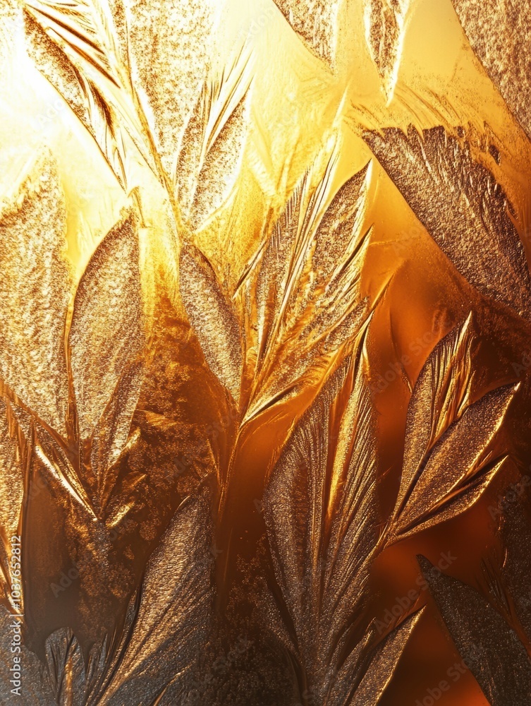 Poster delicate frosty patterns emerge with golden hues, creating an enchanting display reminiscent of natu
