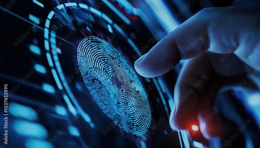 Poster a close-up of a biometric security system in action, focusing on the high-tech details and the conce