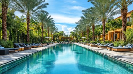 Fototapeta premium A long, narrow swimming pool lined with lounge chairs and palm trees.