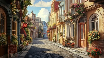 A charming cobblestone street lined with colorful buildings, flowers, and greenery in a quaint European town.