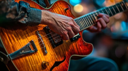 Naklejka premium blurry background close-up of a guitarist's hands playing at a jazz event.
