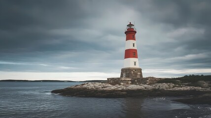 Red and white lighthouse on a rocky shoreline with overcast sky