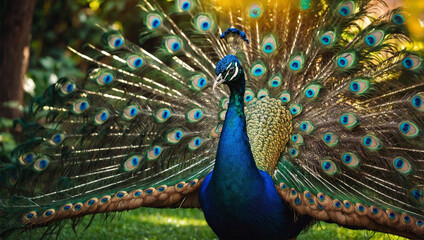 Obraz premium Majestic peacock displaying its vibrant tail feathers, standing in a lush garden under bright sunlight.