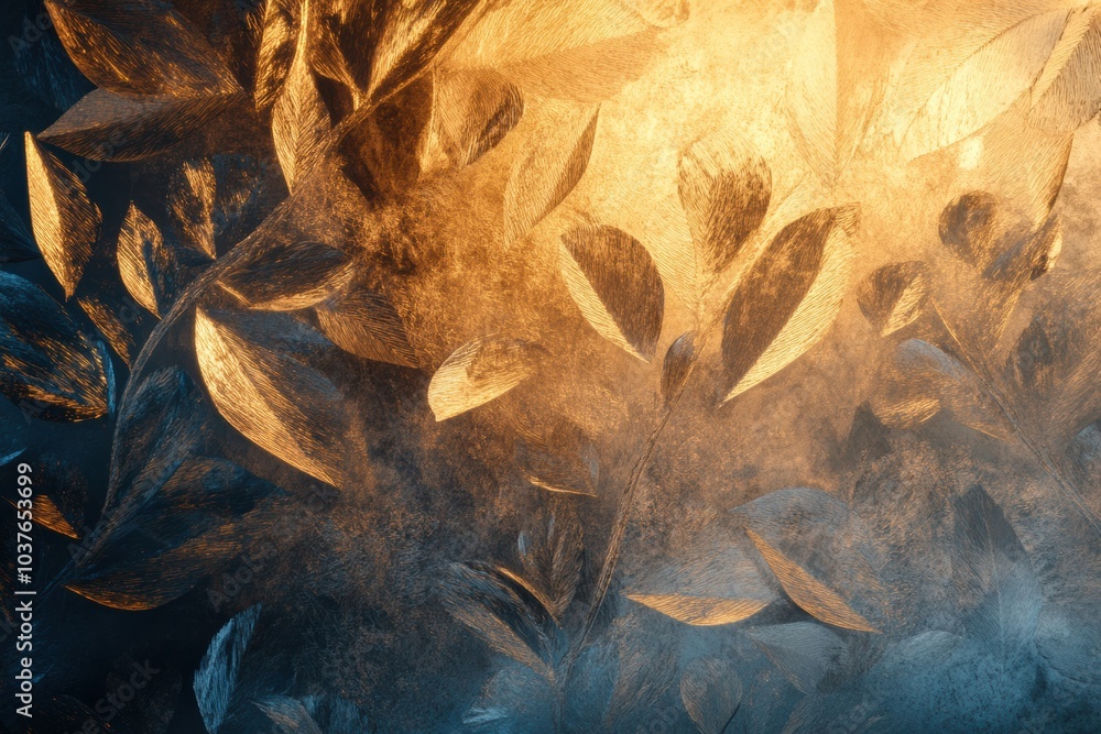 Poster delicate frosty patterns intertwine with warm light, creating an enchanting interplay of colors in a