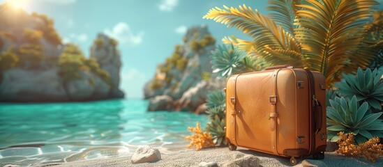 Obraz premium A vintage suitcase sits on a sandy beach with turquoise water and lush palm trees. The suitcase is a symbol of travel and adventure. The tropical scene is perfect for a relaxing vacation.