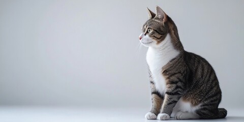 A charming domestic cat sits gracefully in a minimalist setting. Its striking stripes and calm demeanor add elegance to the room. Perfect for pet lovers and home decor. AI