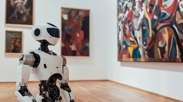 A robotic art critic analyzing a painting in a contemporary art gallery, modern art pieces and clean design, Artistic style