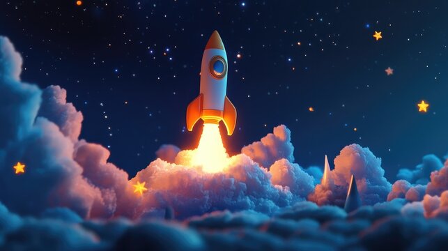 Rocket stars in a 3D cartoon rendering as a spaceship launches into the night sky on a mission