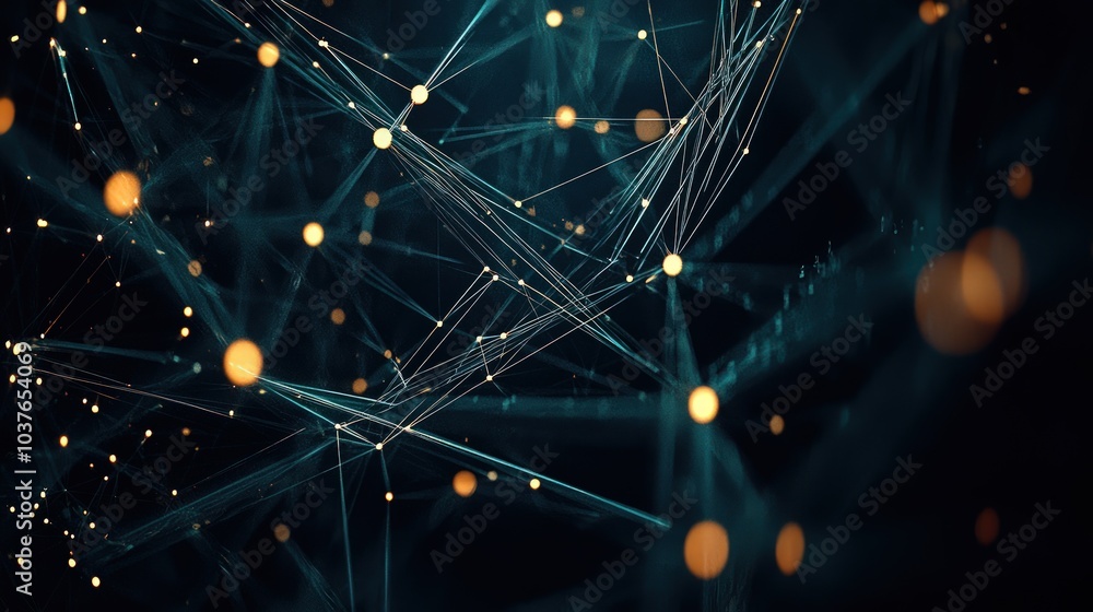Poster a dark background serves as the stage for an abstract digital network of glowing lines and nodes, ev