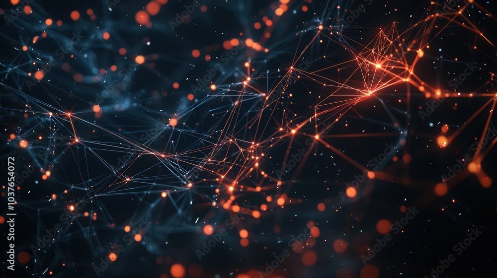 Poster a dark background serves as the stage for an abstract digital network of glowing lines and nodes, ev