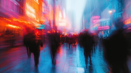 A blurry image of a crowded street with neon lights and people walking. The image is taken from a low angle, making the people appear to be moving quickly.