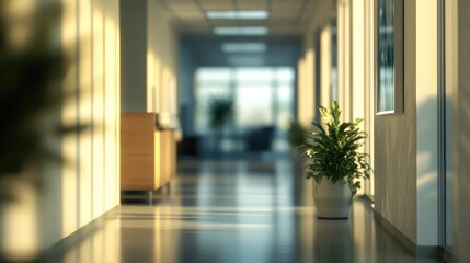 3D rendering of a blurred office background showcasing a modern hospital hallway interior