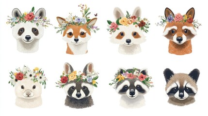 Vector illustrations of adorable animal heads adorned with floral crowns ideal for nursery design posters and birthday greeting cards featuring a panda llama fox koala cat dog raccoon and bunny