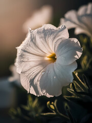 Close-up of a stunning white petunia flower adorned with droplets of water, illuminated by soft sunlight, showcasing its delicate petals and vibrant yellow center against a blurred background.