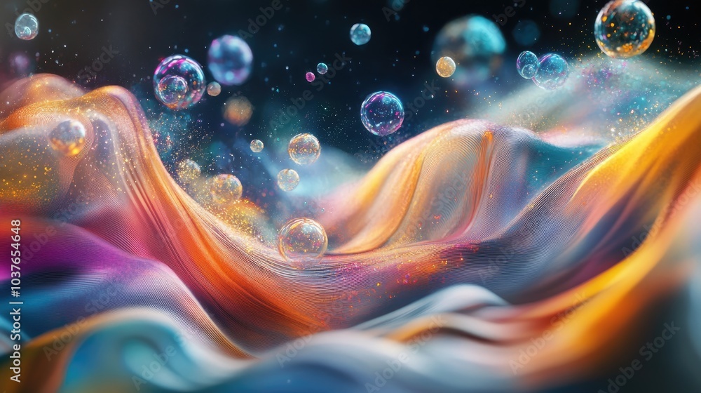 Aufkleber stylized background featuring abstract waves and vibrant bubbles with a flowing design
