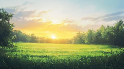 Obraz premium Oil painting depicting a vibrant green grass field during sunrise capturing a serene natural landscape and beautiful morning light