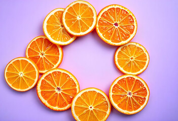 Fototapeta premium slices of orange on white background vibrant pattern, and aroma from a ripe tangerine, top view, isolated soft color background, 