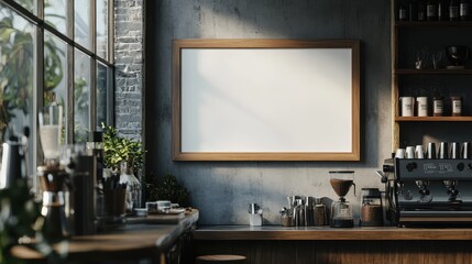 Large empty wooden frame in restaurant or cafe kitchen interior, template concept, 3d rendering