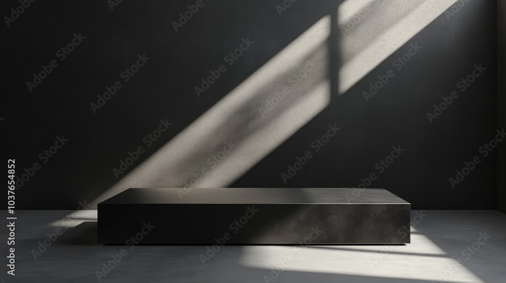 Poster 3d rendering of a black abstract table stage featuring light beams and shadows designed for product 