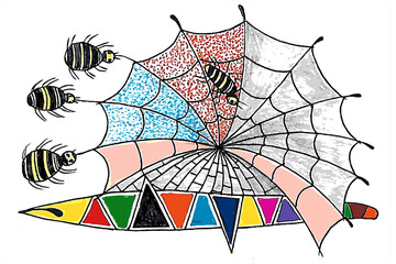 Colorful Illustration of Bees Vibrant hand-drawn artwork depicting bees around a geometric web Perfect for concepts of teamwork and creativity.