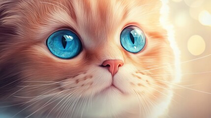 Close up of an Exotic Shorthair Cat with striking blue eyes against a blurred background