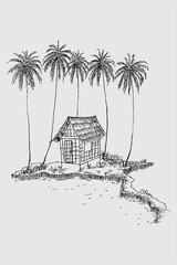 Hand-drawn illustration of a rustic hut on a tropical island, lined with tall palm trees. Captures the essence of solitude, tranquility, and island life.