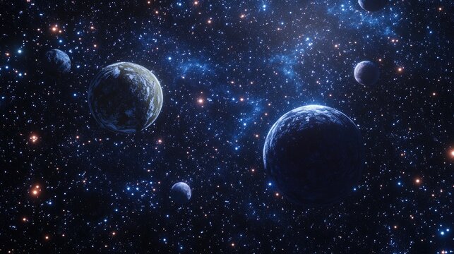 2D illustration with a 3D cartoon rendering A realistic background of a star pattern depicting deep interstellar space Features bright flashing stars planets and moons Various creative science fic
