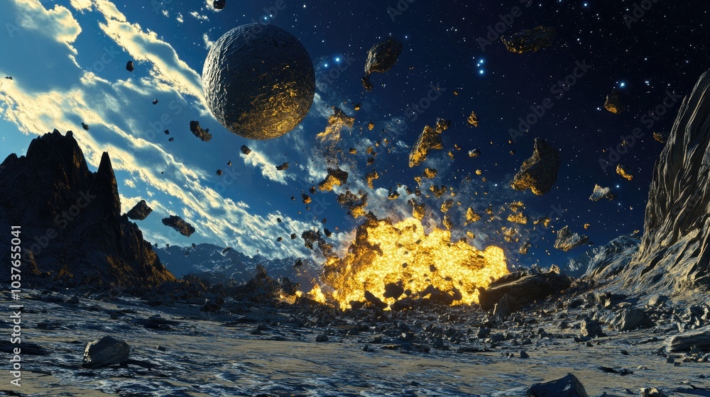 Poster science fiction visualization of a meteor crash on a planet in a 3d cartoon rendering