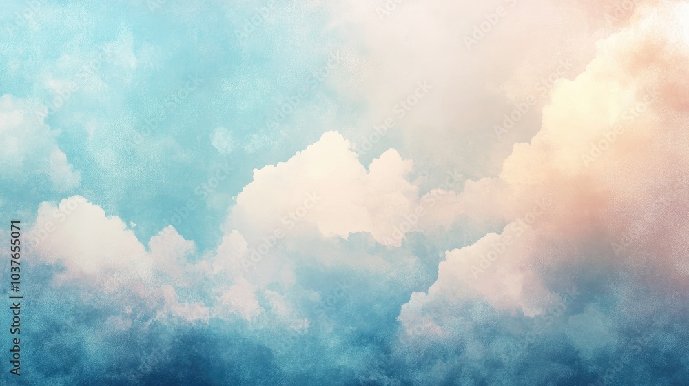 Poster oil painting depicting a sky with soft clouds enhanced by a pastel color filter and a grunge texture