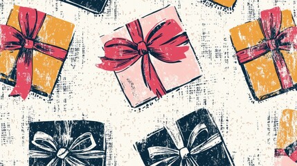 Coloring book design of festive gift boxes with bows and ribbons to celebrate Women s Day on a white background Seamless pattern