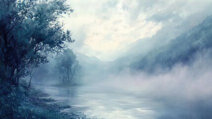 Fototapeta premium Oil painting depicting morning mist in a serene natural setting capturing the beauty of misty landscapes