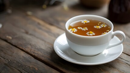 Chamomile tea with flowers in white cup on wooden table, space for text on left