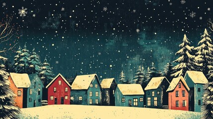 Charming winter village scene featuring cozy homes pine trees and a twinkling starry sky Ideal for seasonal coloring projects