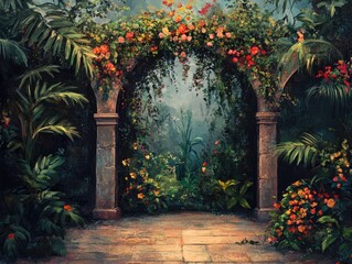 Fototapeta premium A stunning enchanted garden featuring floral arches and vibrant greenery Digital painting backdrop