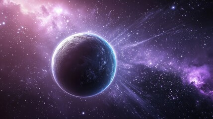 Naklejka premium Grey planet in cosmic setting with dynamic beams against a dark background featuring a purple nebula creating a fantastical 3D illustration reminiscent of comic book galaxy art