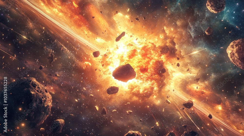 Poster illustration of a universe with a 3d cartoon rendering featuring cosmos outer space meteorite and re