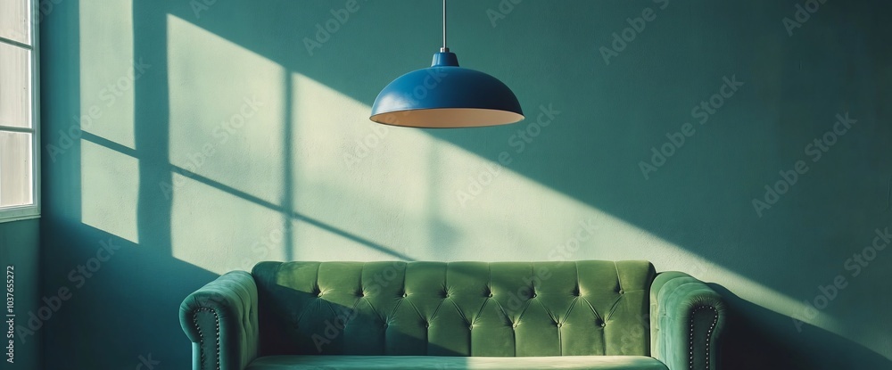 Poster a green velvet sofa sits in a room with a blue pendant lamp hanging from the ceiling and sunlight st
