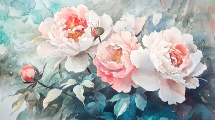 Elegant watercolor depiction of peony and rose flowers