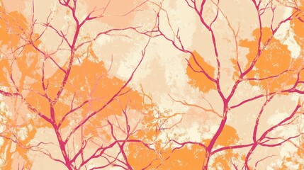 Fantasy seamless pattern featuring twigs in shades of orange peach and pink perfect for creative design projects