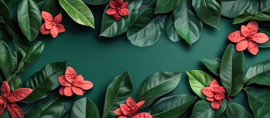 Creativ Layout Made Of Green Leaves And Red Plowers Flat Lay Nature Concept