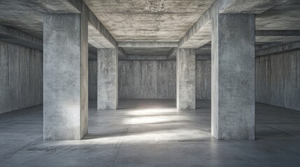 Empty interior of a dark basement featuring concrete walls showcasing architectural design in a 3D rendered illustration