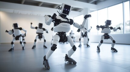 A robotic art installation performing a synchronized dance routine at a contemporary art museum, mesmerizing choreography and artistic expression, Performance robotics style