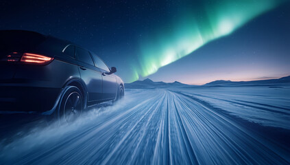 Obraz premium Car Under Northern Lights: A sleek car drives through a snow-covered landscape under the mesmerizing spectacle of the aurora borealis, promising an unforgettable adventure. 