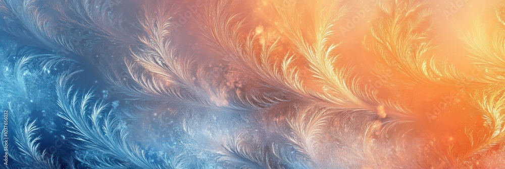 Poster intricate frosty patterns spread across a surface, displaying a blend of blue and orange colors that