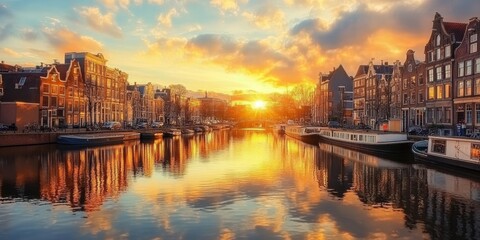 Obraz premium The picturesque canals of Amsterdam, lined with charming houses, reflect the golden glow of the setting sun. The River Amstel flows through the heart of the city, adding to its timeless beauty.
