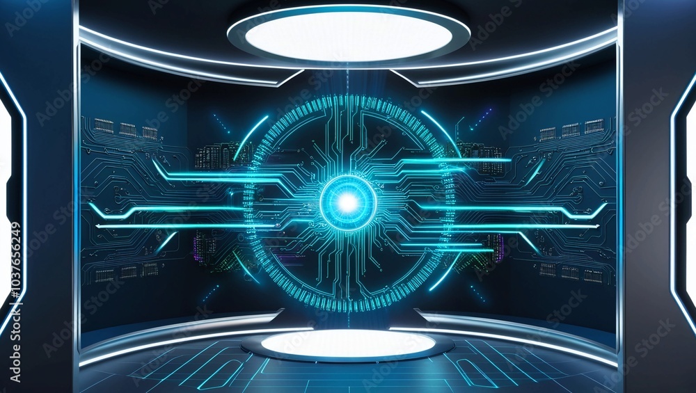 Poster futuristic technology eye scan interface with digital circuit visualization