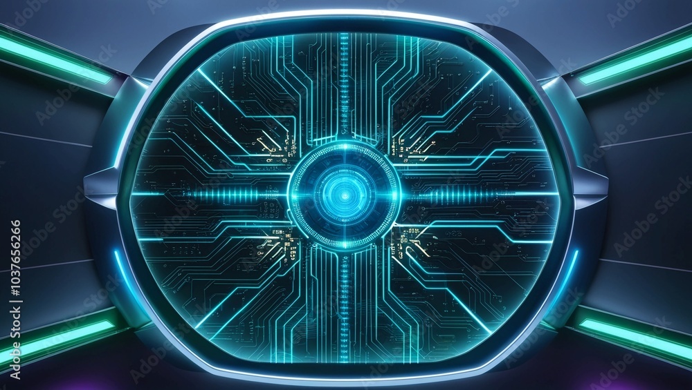 Poster futuristic technology eye scan interface with digital circuit visualization