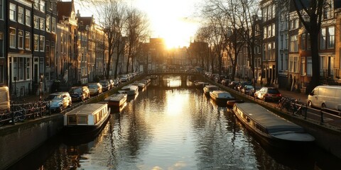 The picturesque canals of Amsterdam, lined with charming houses, reflect the golden glow of the setting sun. The River Amstel flows through the heart of the city, adding to its timeless beauty.