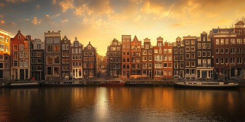 Obraz premium The picturesque canals of Amsterdam, lined with charming houses, reflect the golden glow of the setting sun. The River Amstel flows through the heart of the city, adding to its timeless beauty.